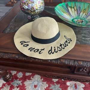 Tan Straw Sun Hat with Black Band DO NOT DISTURB Embroidered